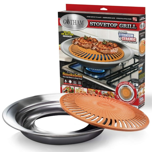 Gotham Steel Gril d’Intérieur Sans Fumée pour Cuisinière – Revêtement en Céramique Antiadhésif, Gril Santé BBQ Coréen, Ensemble 2 Pièces