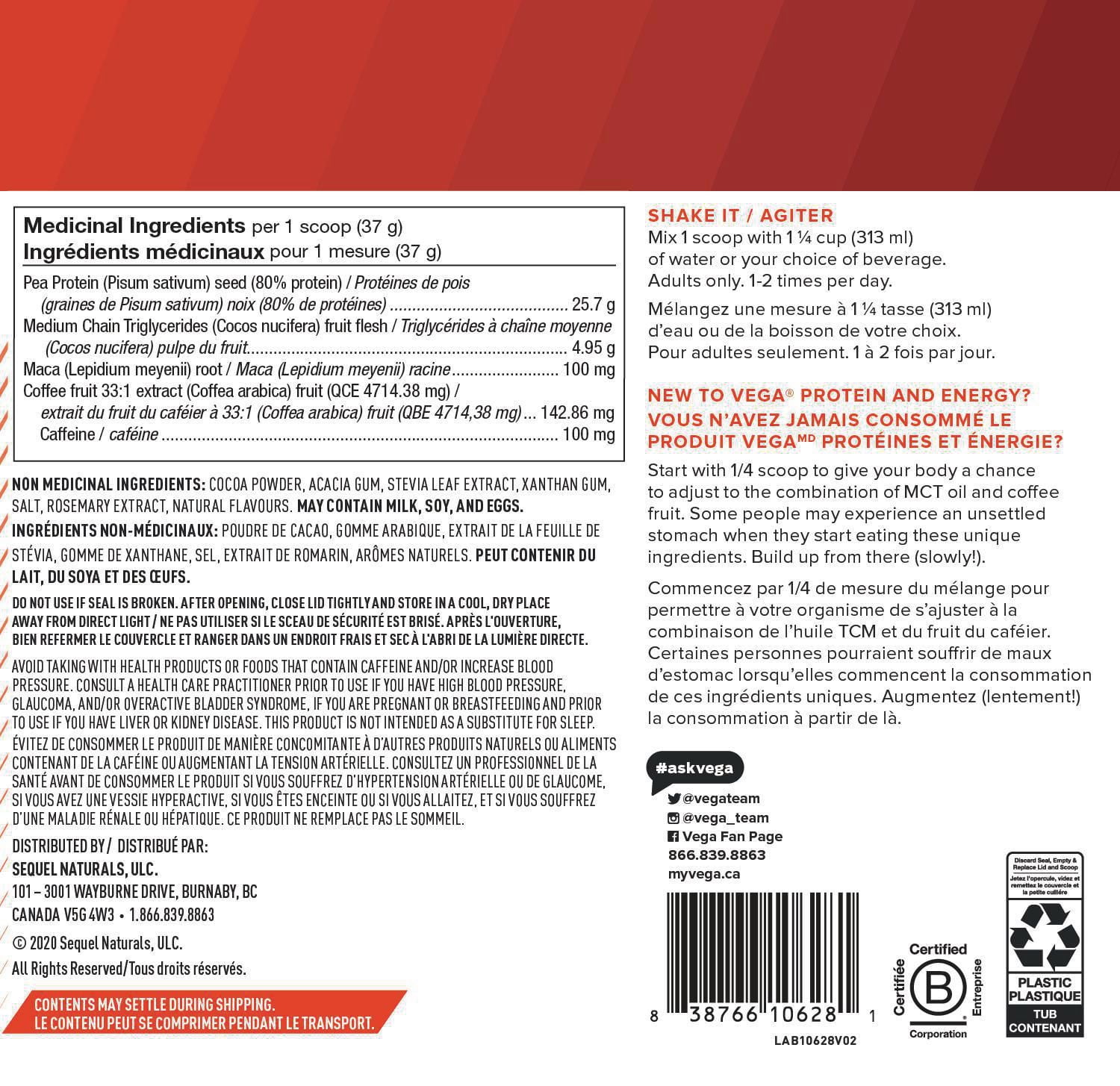 Vega Protein & Energy Chocolate - Plant Based Vegan Protein Powder With MCT Oil, Keto-Friendly, Gluten Free, Dairy Free (14 Servings, 513 Gram)
