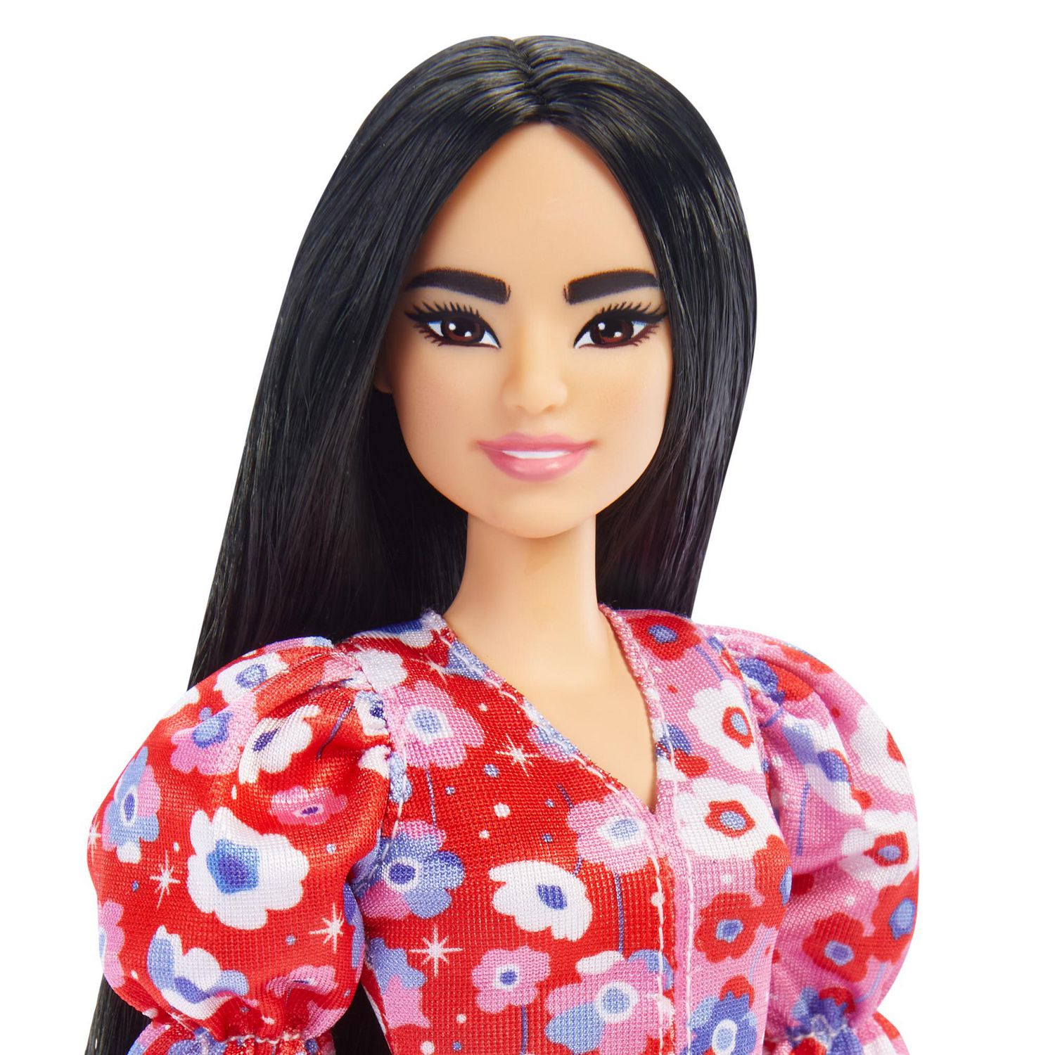 Barbie Fashionistas Doll #177 with Long Black Hair  Floral Dress with  Puffed Sleeves, Strappy Purple Heels, Butterfly Ring, to Years Old 