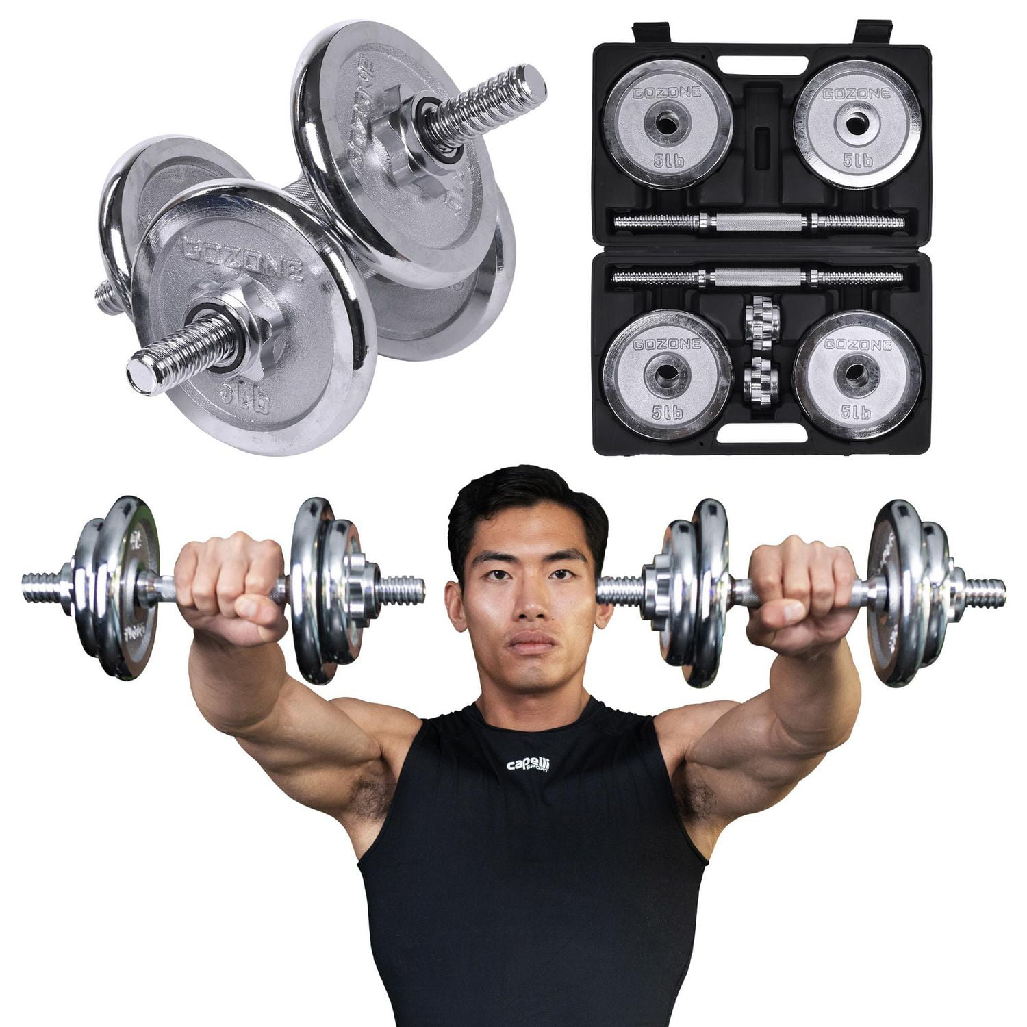 GoZone 40lb Chromed Dumbbell Set Silver Black With carrying