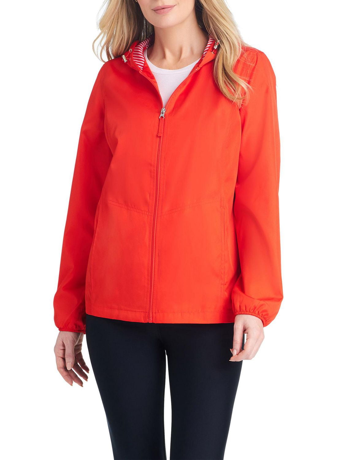 Details Women's Windbreaker With Striped Lining Trim Inside of Hood & Yoke