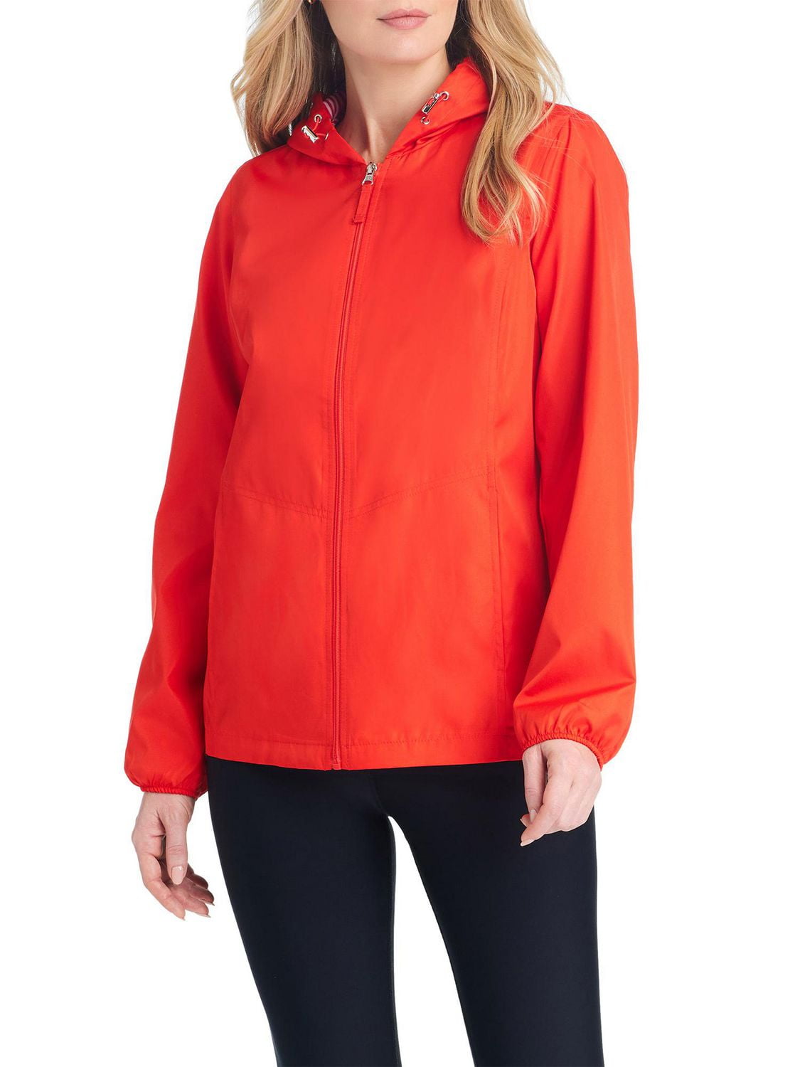 Details Women's Windbreaker With Striped Lining Trim Inside of Hood & Yoke