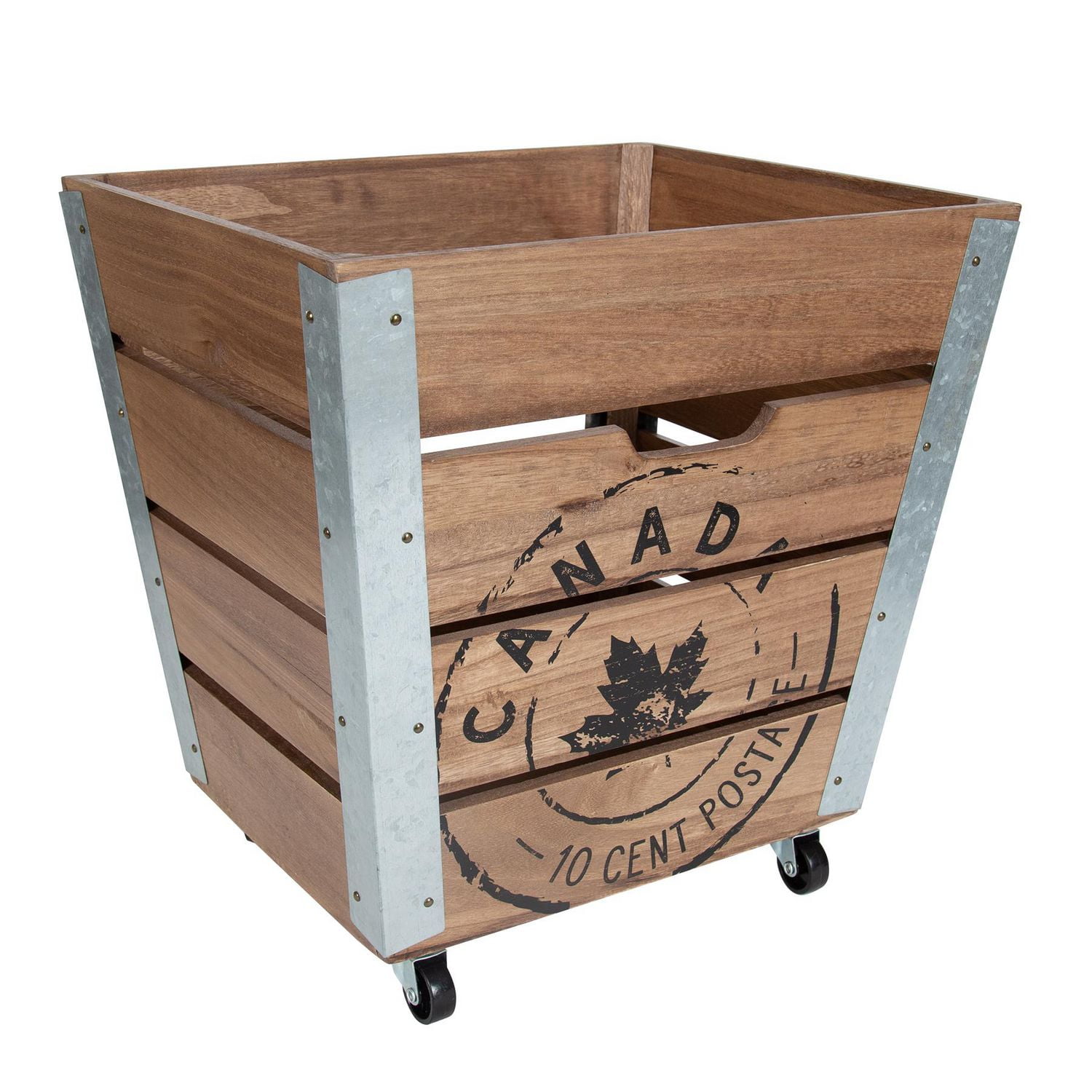Wood storage crate on wheels with galvanized metal corner accents