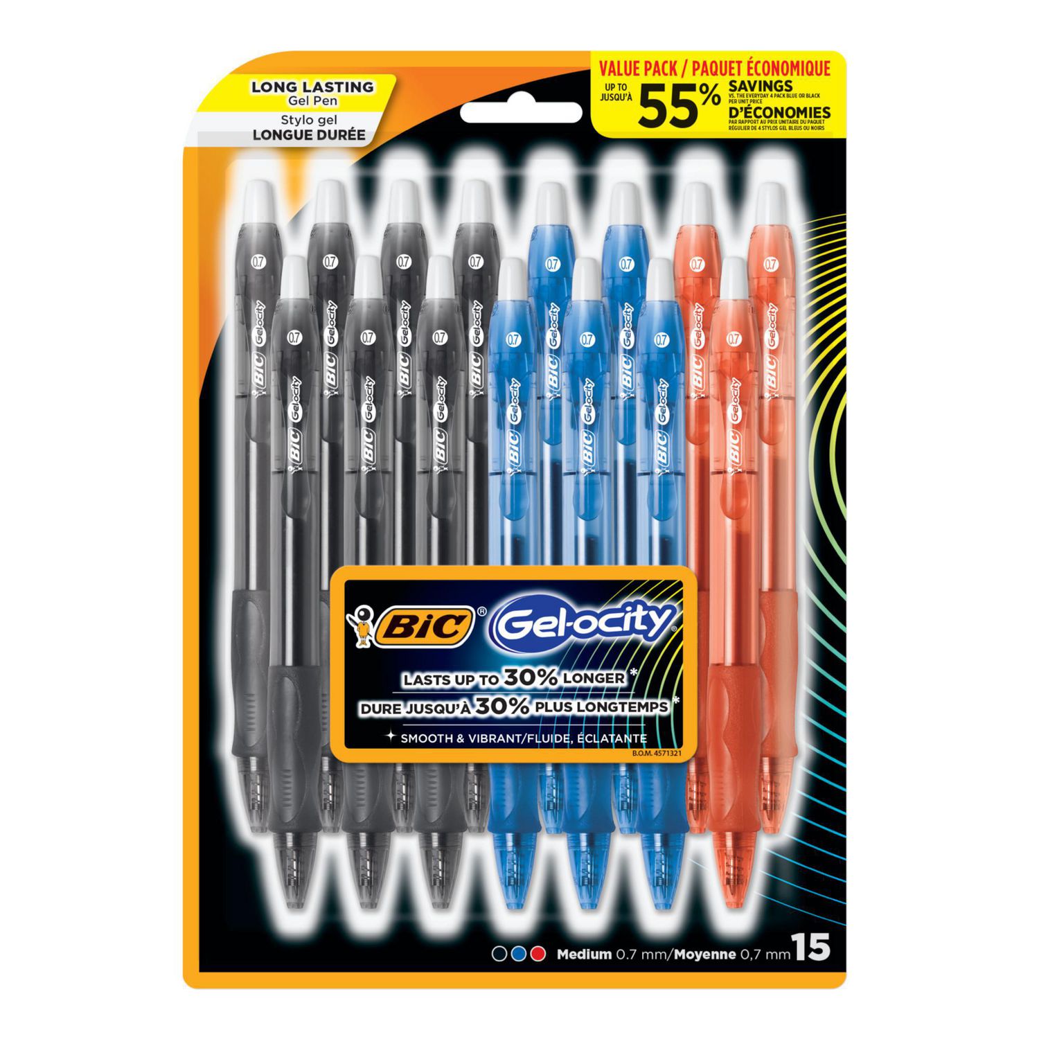 Assorted Ink 0.7mm BIC Velocity Gel Retractable Pen 15 Count RLCP151-Ast 