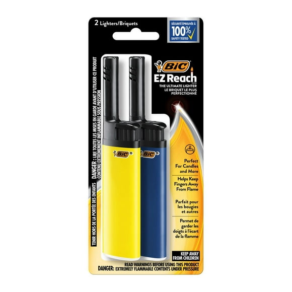 BIC EZ Reach Lighters, The Ultimate Lighter with Extended Wand (1.45-inch), Assorted Colours, 2-Count, Pack of 2 EZ Reach Lighters