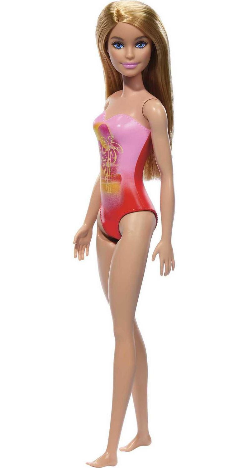 Beach Barbie Doll with Blond Hair Wearing Pink Palm Tree Print Swimsuit Ages 3 Walmart