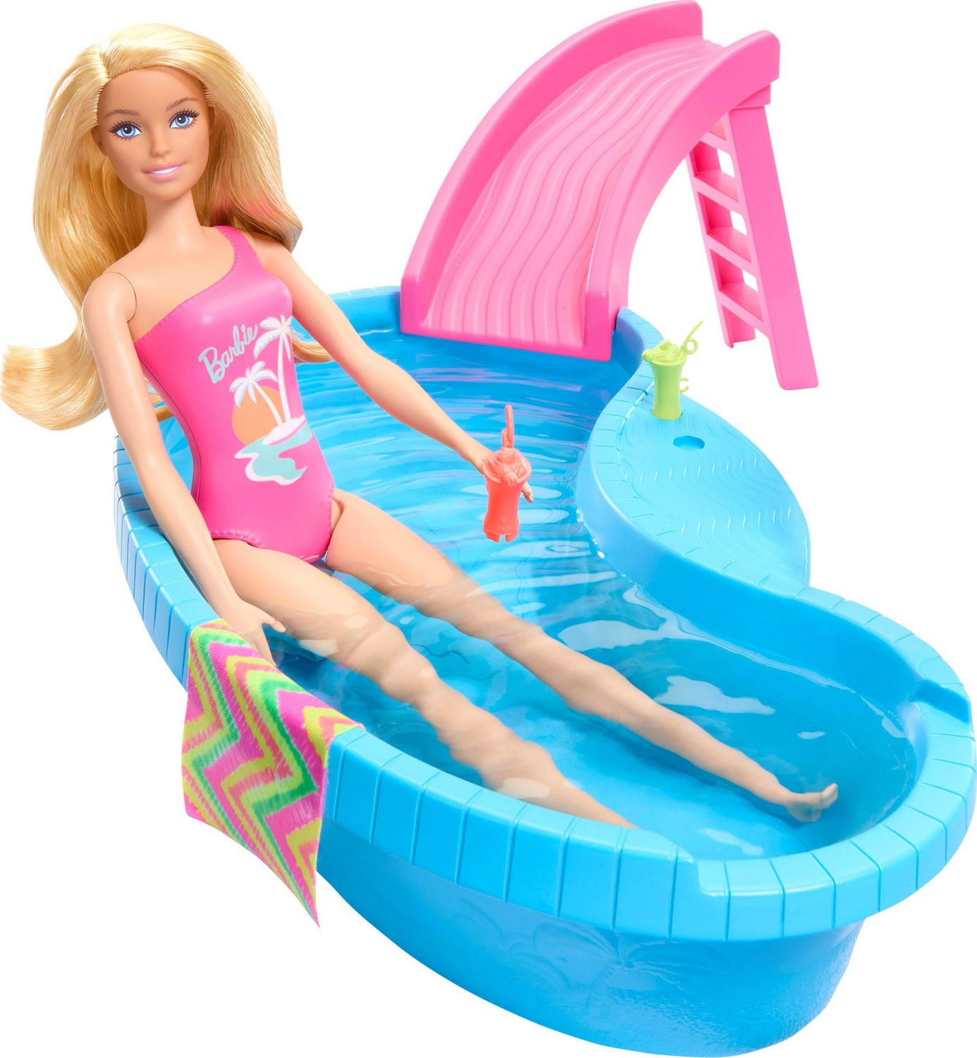 Barbie Doll and Pool Playset Blonde with Pool Slide Towel and Drink Accessories Walmart