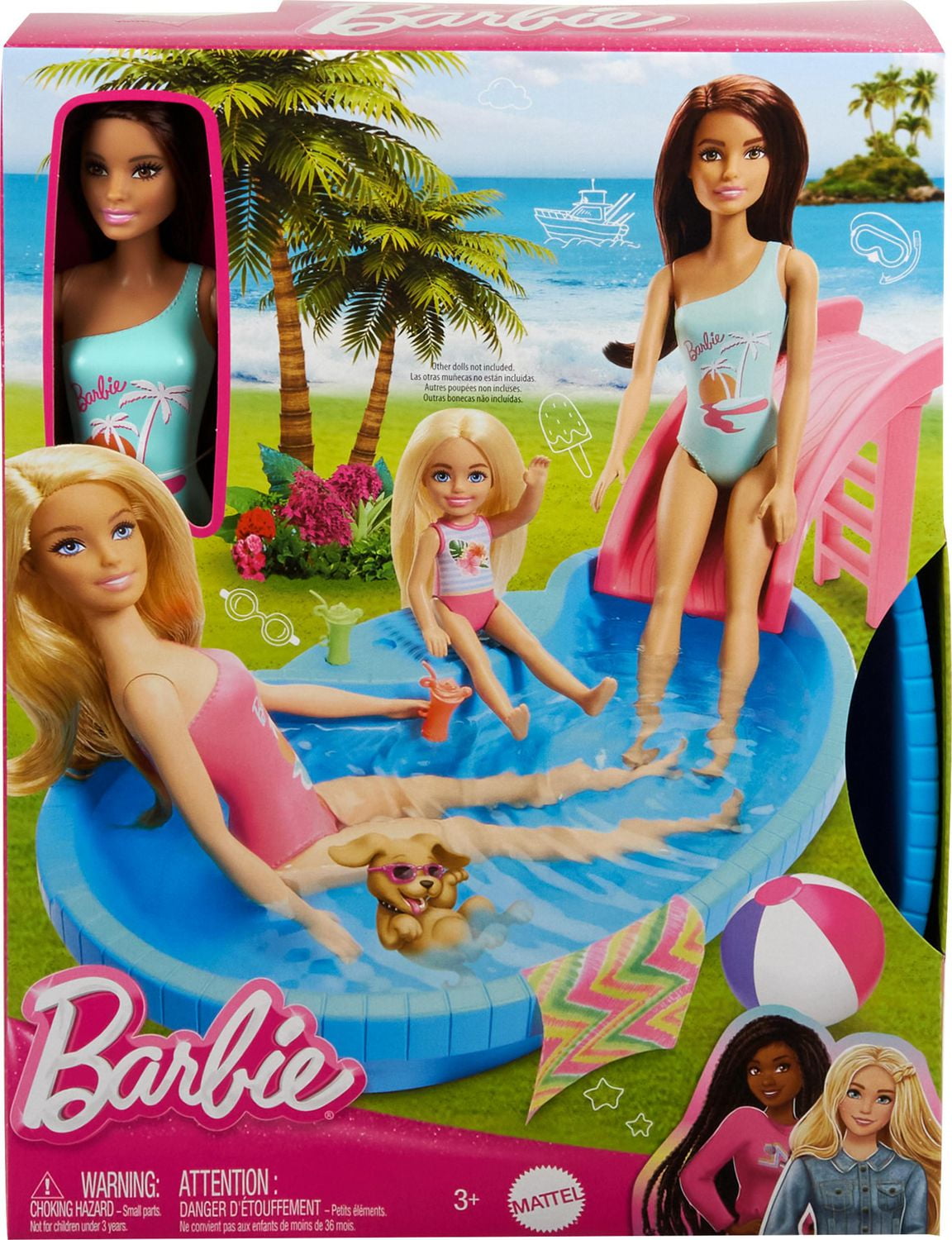 Barbie Coffret et poupee brunette piscine serviette boissons Walmart