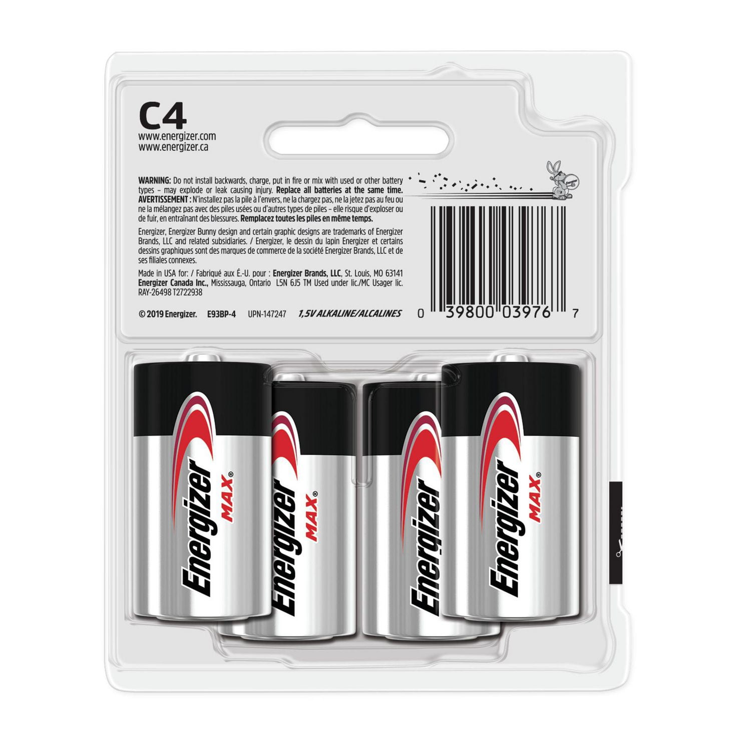 Energizer MAX Alkaline C Batteries, 4 Pack, Pack of 4 batteries 