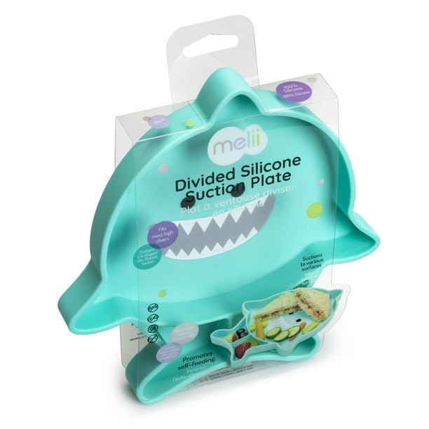 Assiette avec ventouse en silicone divisée– requin- 100 % silicone, pour  bébé et les tous-petits - sans BPA, va au lave-vaisselle et au micro-ondes.  Assiette en silicone divisée 
