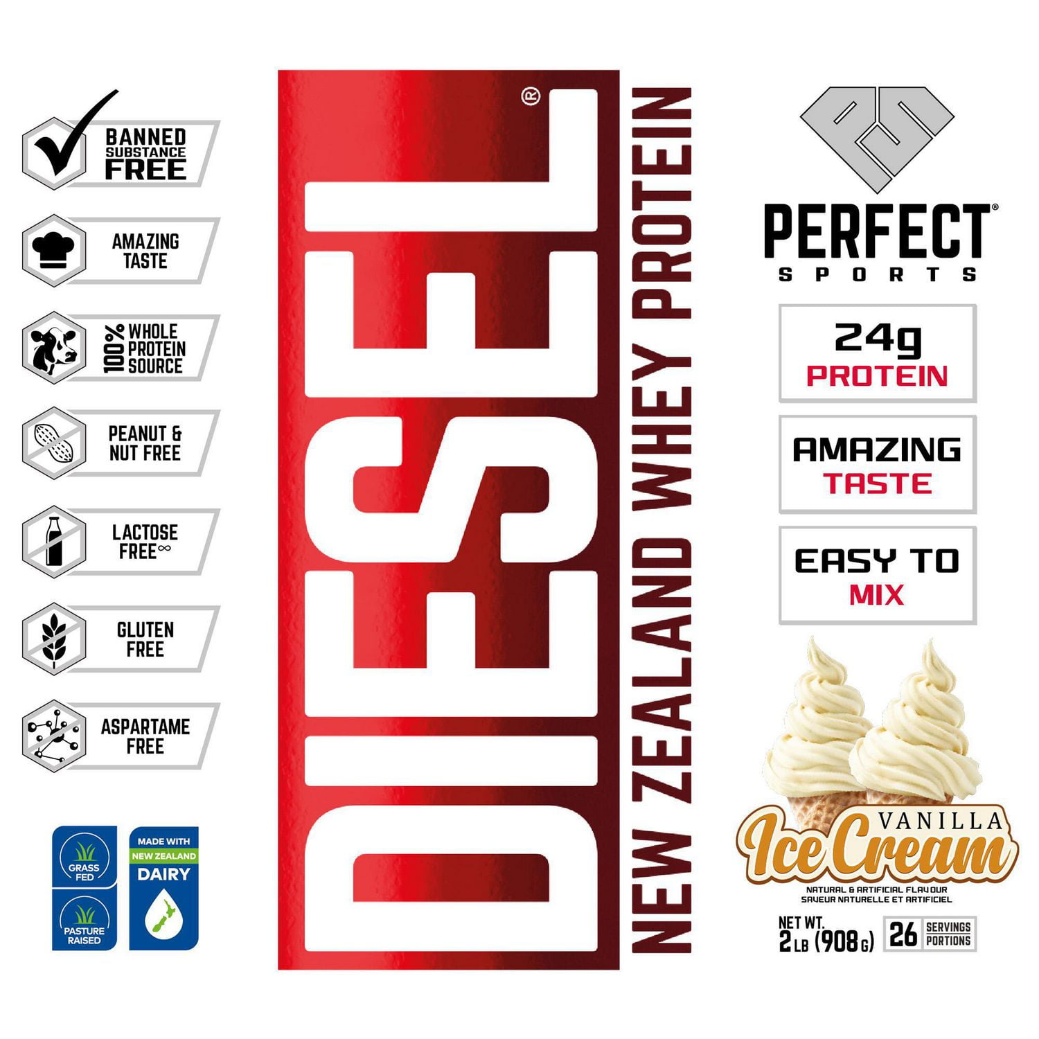 PERFECT Sports - DIESEL New Zealand Whey Protein, Grass-Fed +  Pasture-Raised Whey Protein Powder, Gluten-Free, Vanilla Ice Cream, 2 lbs  (908 g), Whey Protein, 2lb 