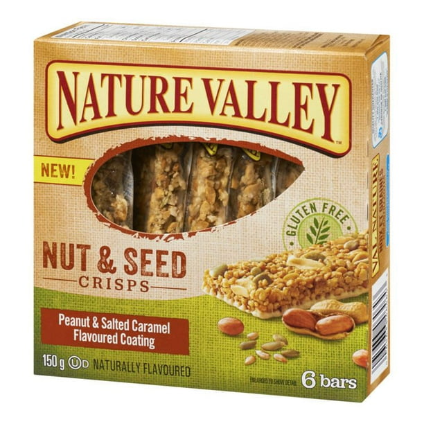 Barres croustillantes aux noix et graines sans gluten enrobé d'arachides à saveur de caramel salé de Val Nature 150 g, 6 barres