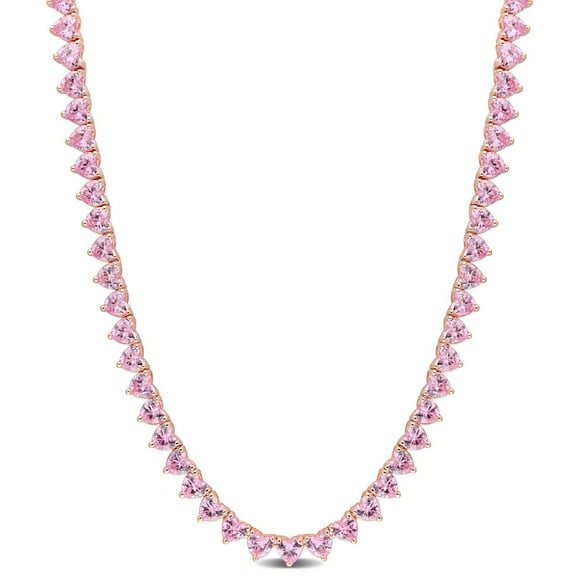 Miabella 31 Carat T.G.W. Created Pink Sapphire Rose Rhodium Plated Sterling Silver Heart Tennis Necklace