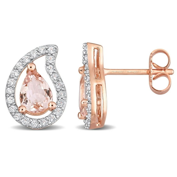 Miabella 1-7/8 Carat T.G.W. Morganite and White Topaz Rose Rhodium-Plated Sterling Silver Teardrop Stud Earrings