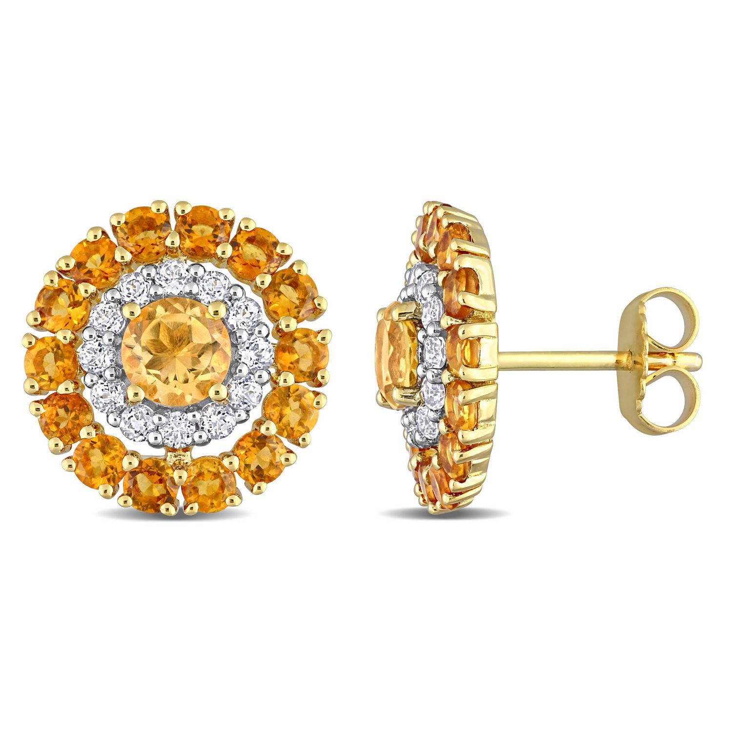 Boucles d'oreilles à double auréoles Miabella avec 3-1/2 Carat PBT de Citrine et Topaze Blanche en Argent Sterling Plaqué Or Jaune 18K