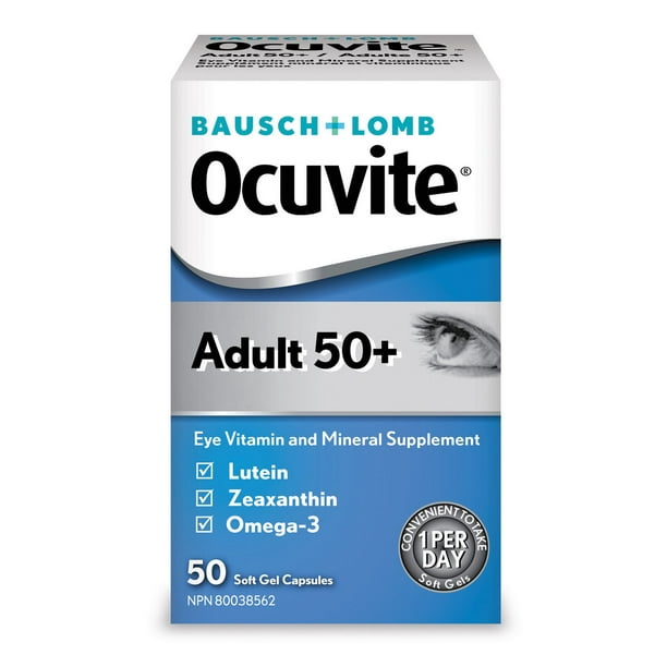 Bausch + Lomb Ocuvite Vitamines Oculaire Adulte 50+, paq. de 50 gélules Supplément minéral et vitaminique pour les yeux. Antioxydant pour le maintien de la santé des yeux.