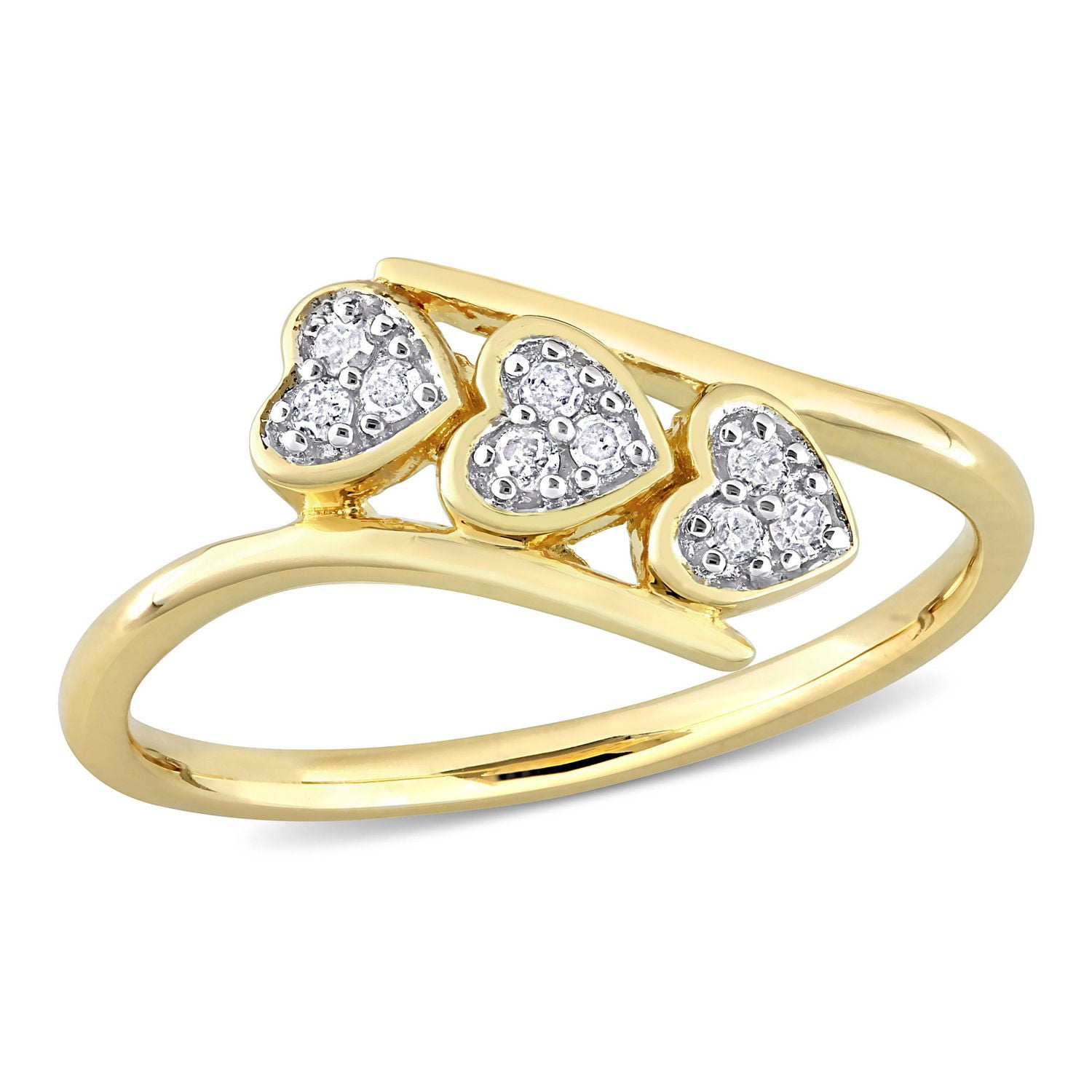 Miabella 1/10 Carat T.W. Diamond Yellow Rhodium Plated Sterling Silver Triple Heart Promise Ring