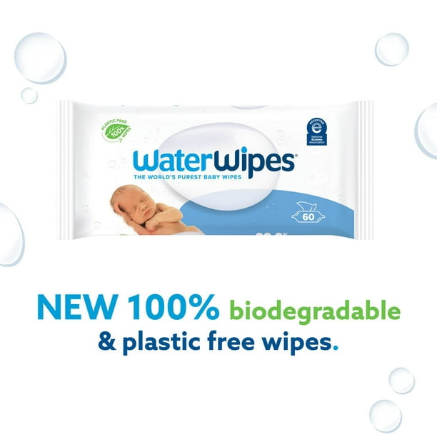 WaterWipes Plastic-Free Original Baby Wipes, 99.9% Water Based Wipes,  Unscented & Hypoallergenic for Sensitive Skin, 240 Count (4 packs),  Packaging