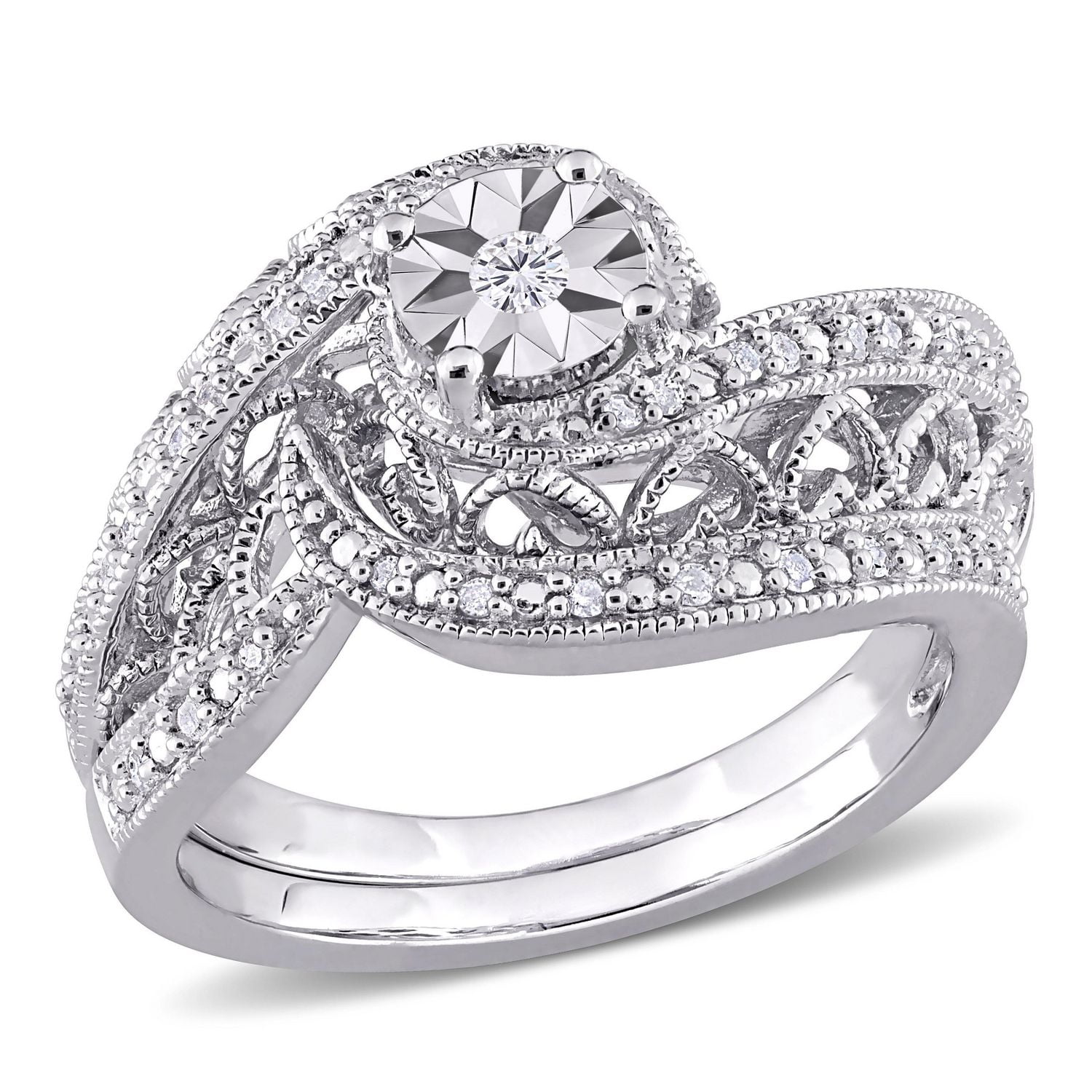 Ensemble nuptial filigrane torsadé de Miabella avec 1/5 carat poids total de diamants en argent sterling