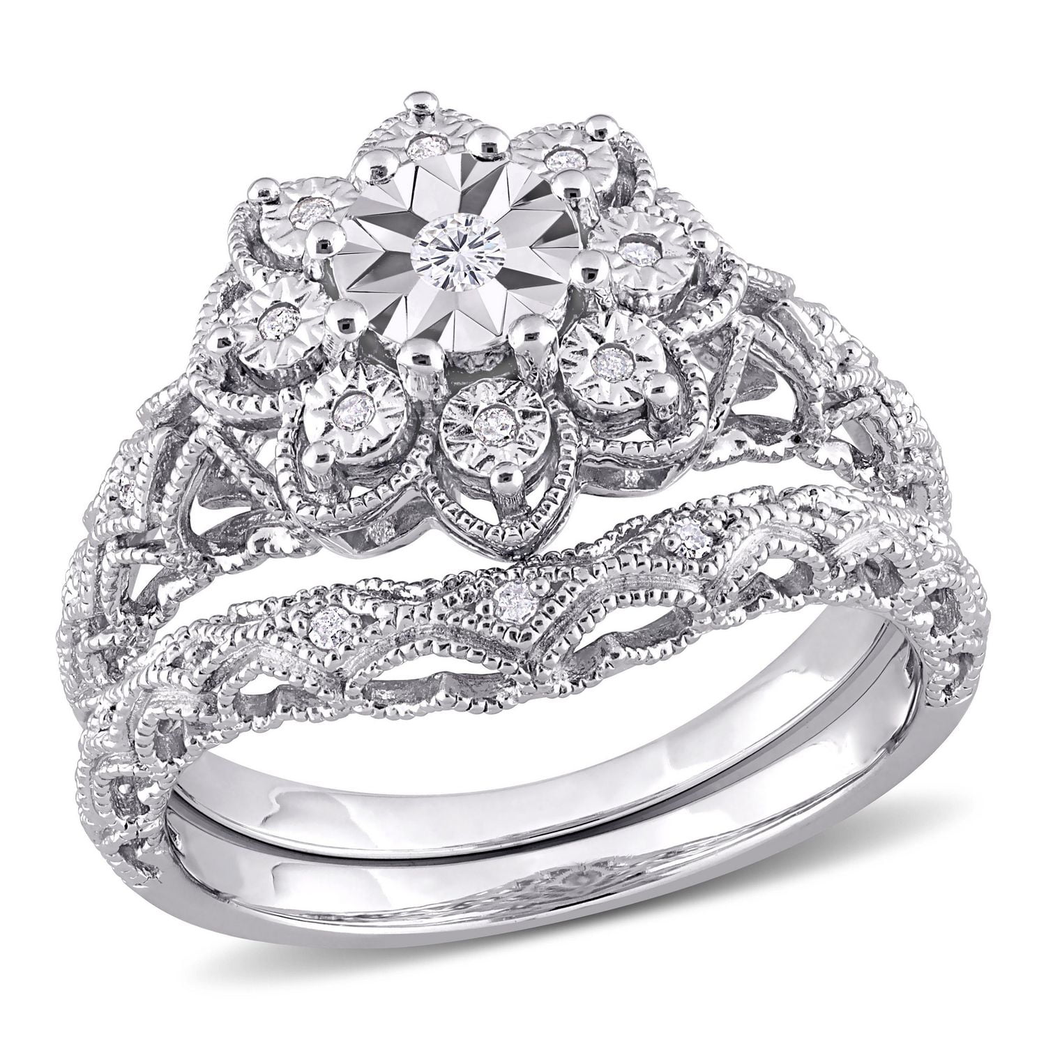 Ensemble nuptial floral de Miabella avec 1/10 carat poids total de diamants en argent sterling
