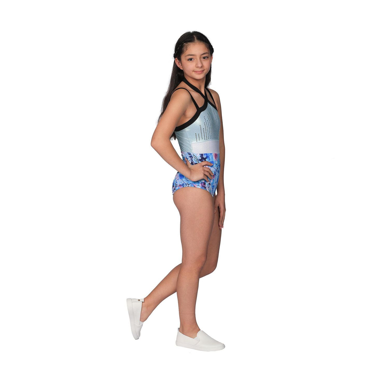 Justice Girls Ice Blue Floral Leotard With Scrunchie