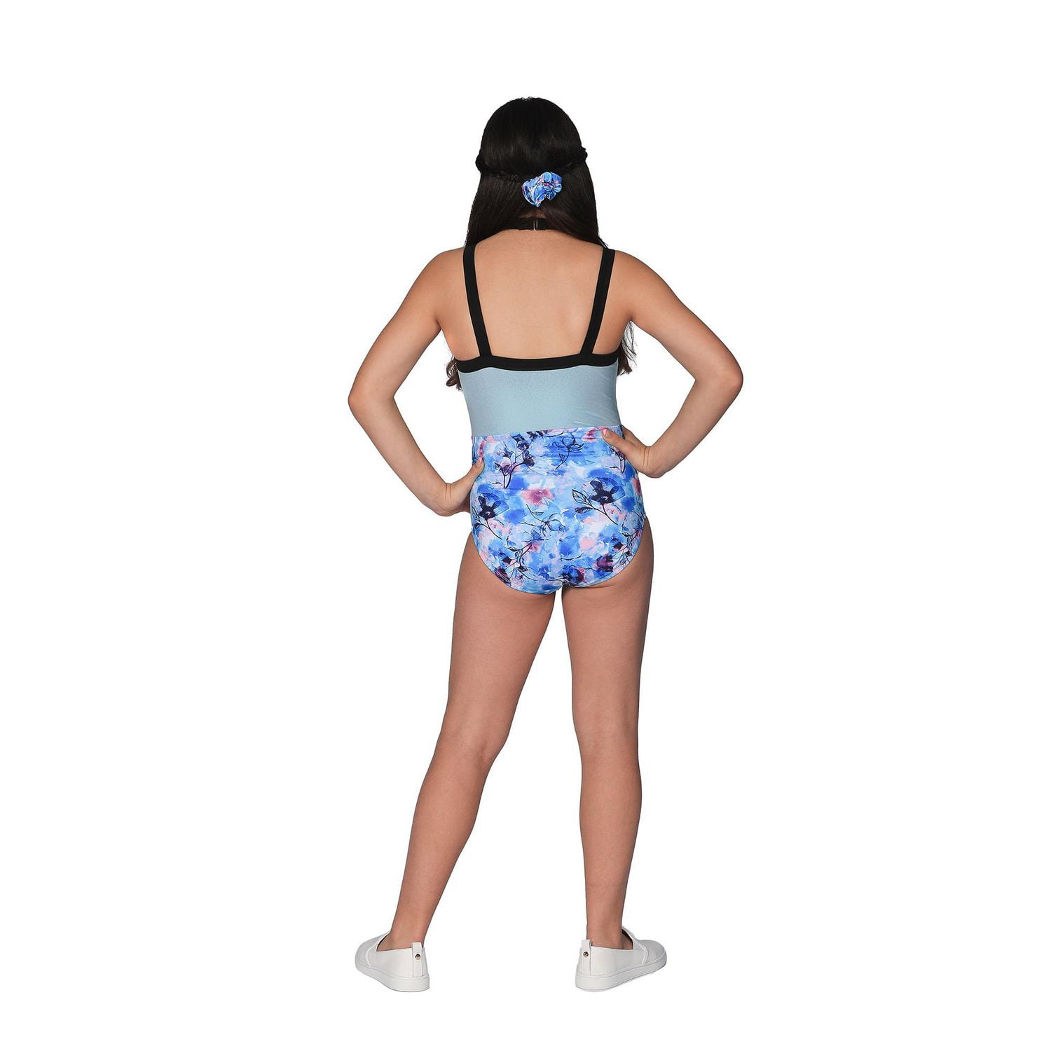 Justice Girls Ice Blue Floral Leotard With Scrunchie