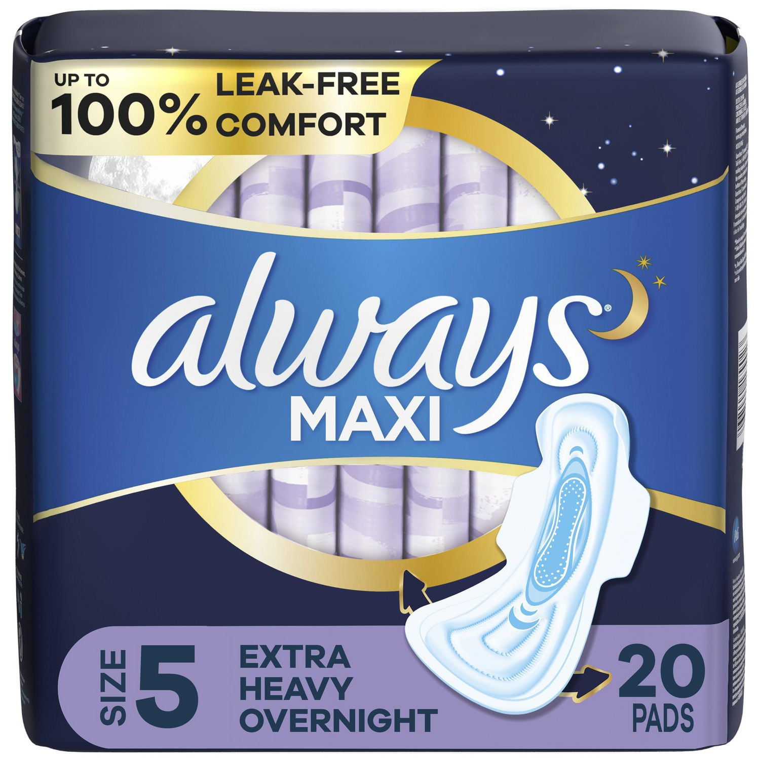 Always Maxi Pads Size 5 Extra Heavy Overnight Absorbency Unscented with  Wings, 20 Pads