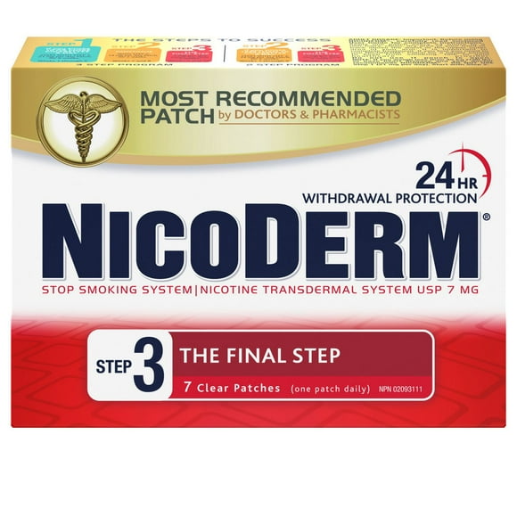 Timbres Nicoderm transparents Étape 3, 7 mg/jour, Timbre transdermique de nicotine, Aide pour cesser de fumer et Aide de renoncement au tabac 7 timbres