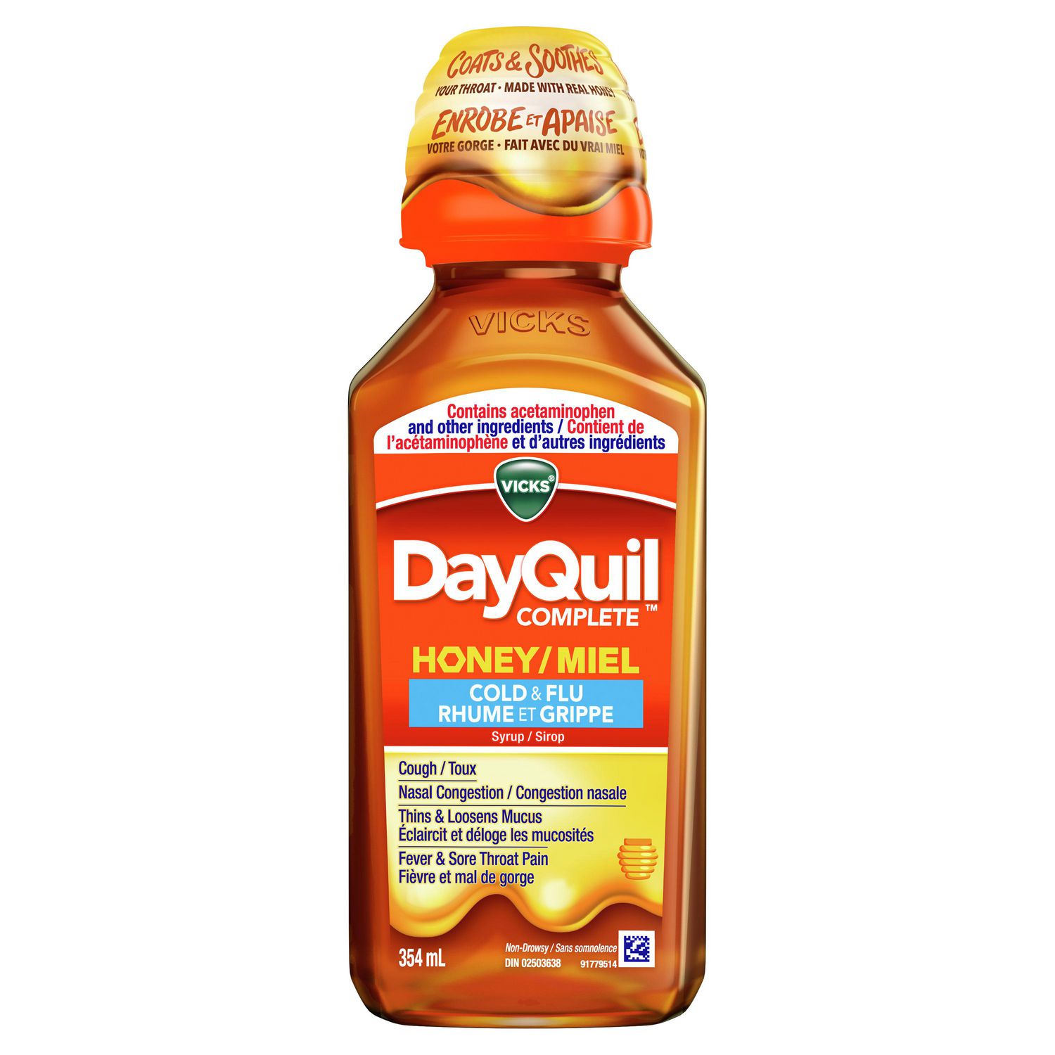 Vicks DayQuil COMPLETE Cold & Flu, Honey Flavour, 354 ml