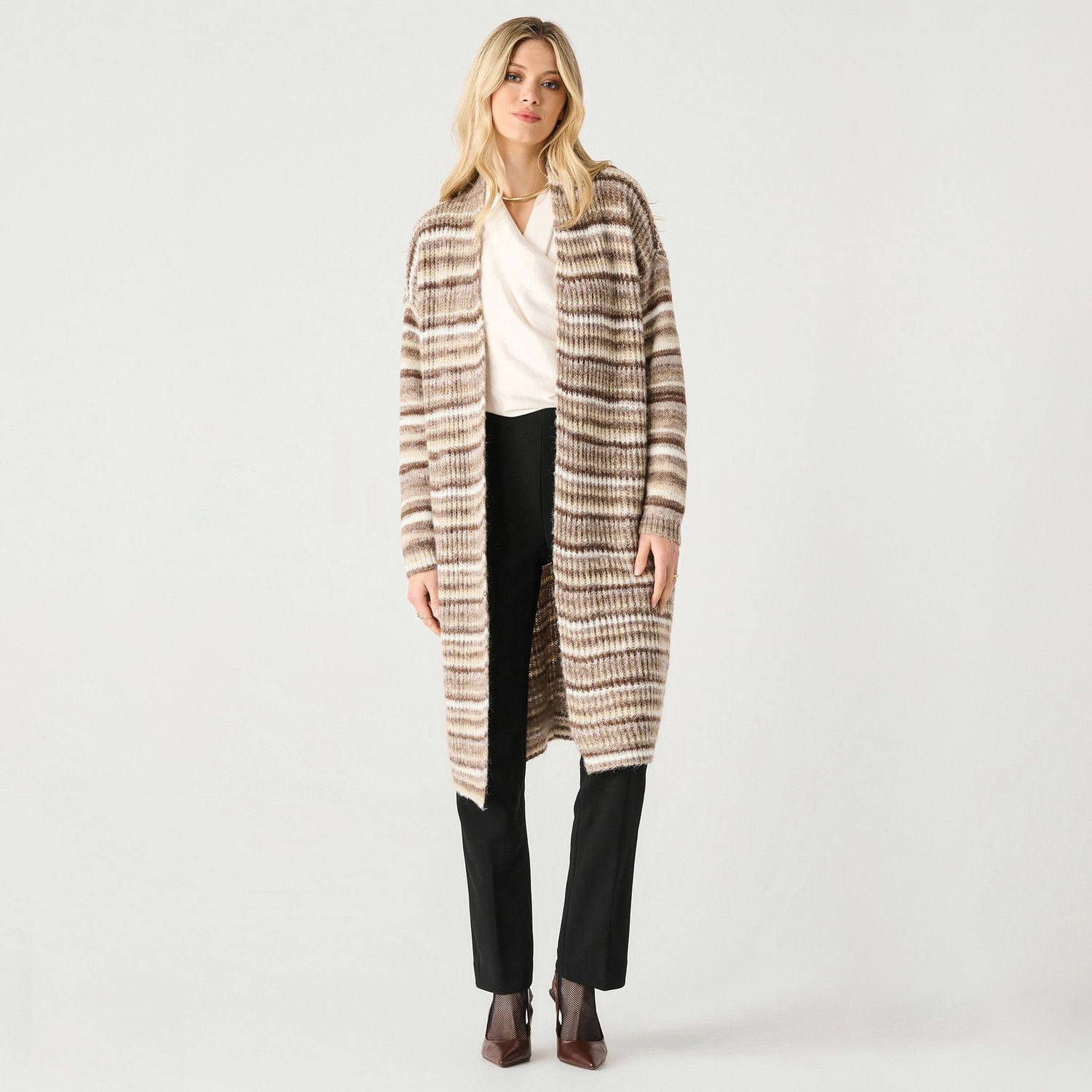 Devoted long sleeve midi-length open-front cardigan