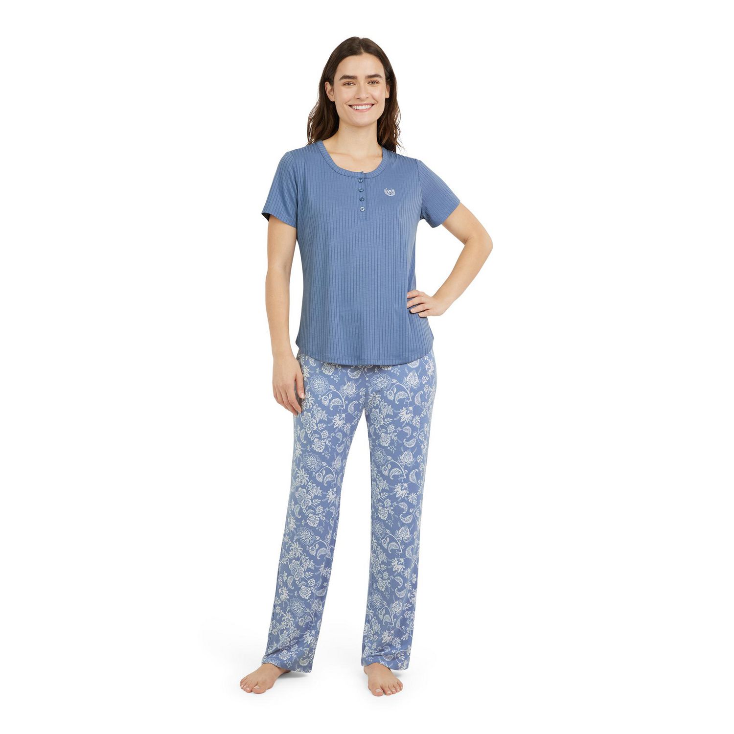 Chaps Women's Sleep 2-Piece Ribbed Knit Short Sleeve Top with Pants Set