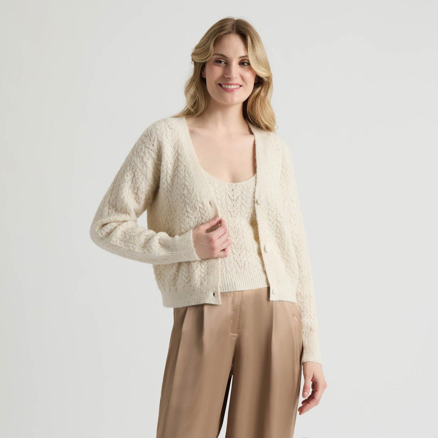 Mexx Women’s Sequin Cable Knit Cardigan and Tank Top Set