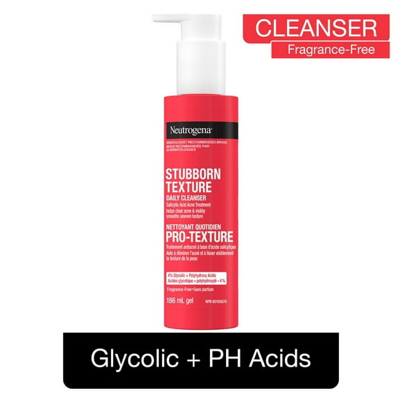 Neutrogena Stubborn Texture Daily Cleanser, AHA, BHA, Salicylic Acid Acne Treatment, Glycolic + Polyhydroxy Acids, Fragrance Free, 186 mL