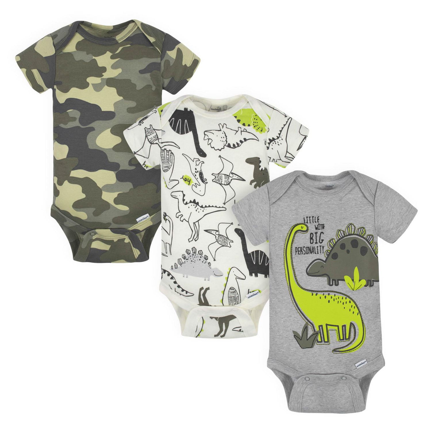 Gerber® Onesies® Brand Bodysuits Baby Boys’ 3 Pack Dinosaur - Green