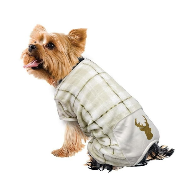 Way to Celebrate Vêtements pour chiens: Pyjama en molleton pour chiens, carreaux ivoire avec une sérigraphie scintillante de renne, taille XS-XL