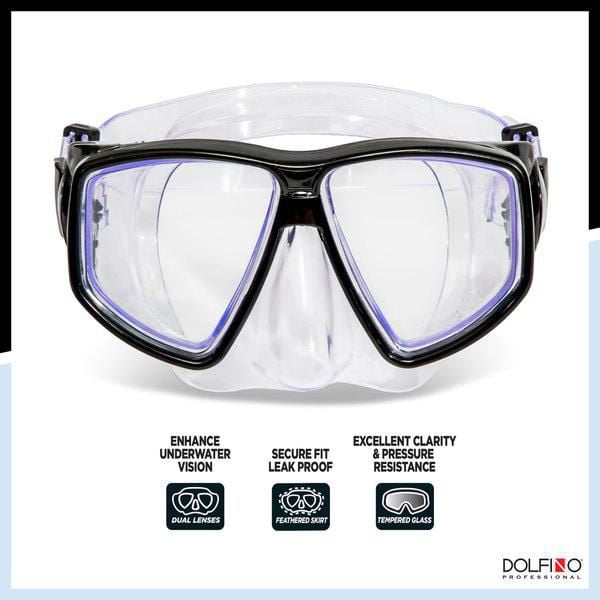 Dolfino Pro Pinnacle Adult Mask and Snorkel Combo Set - Black 