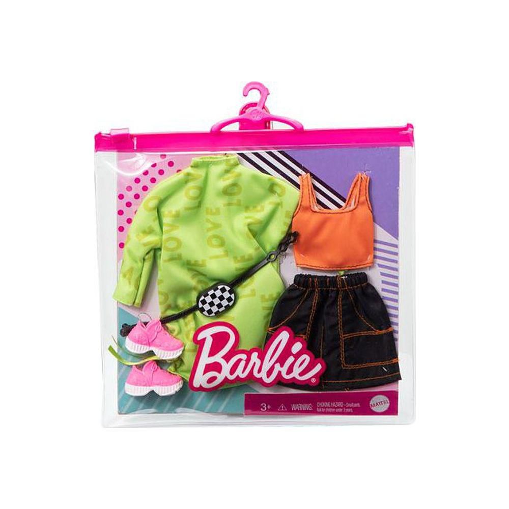 ​Barbie Fashions 2-Pack Clothing Set, 2 Outfits for Barbie Doll Includes  Green Sweatshirt Dress, Orange Sleeveless Top & Black Skirt & 2 Accessories