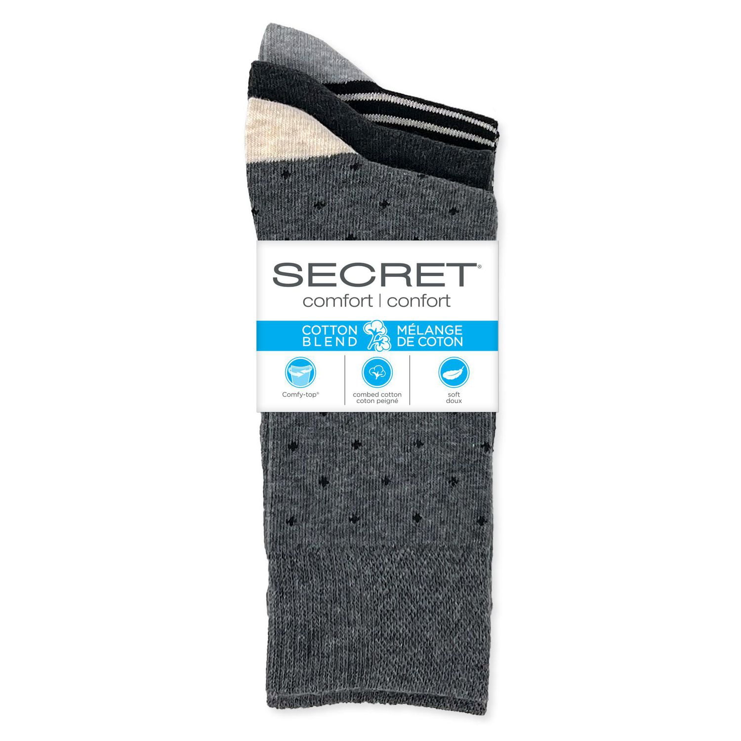 Secret® Ladies 3pk Patterned Crew Socks