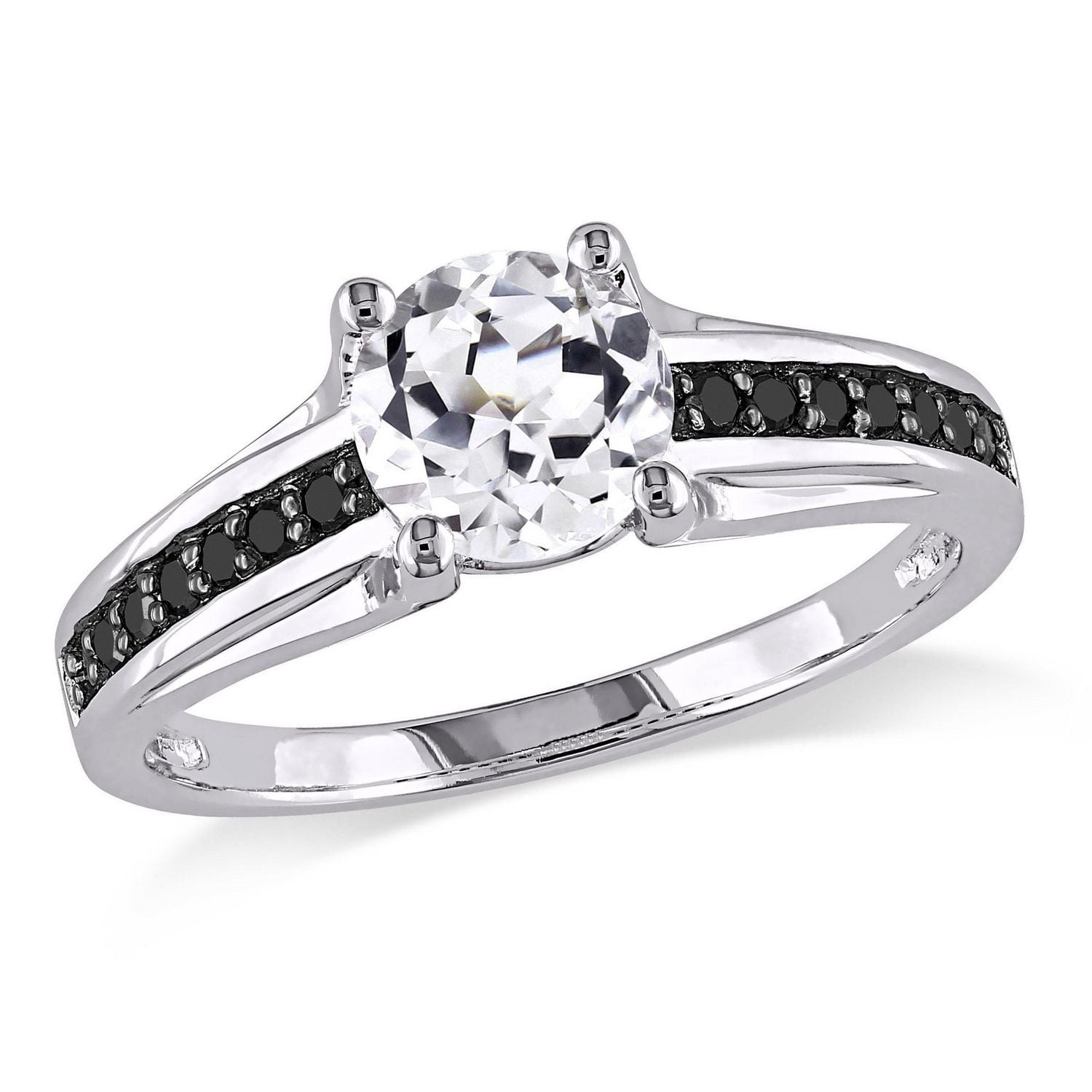 Bague  avec 1.38 carat de saphir blanc synthétique et 0.14 carat de diamants noirs en argent sterling