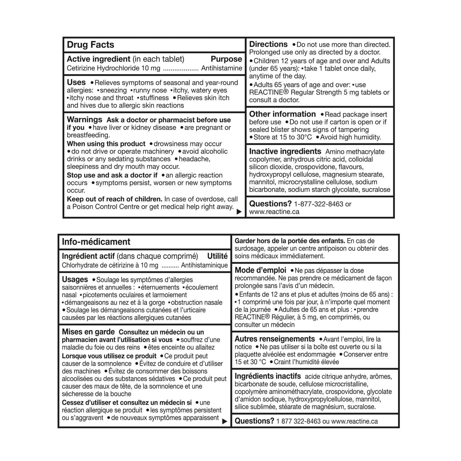 Reactine Extra Fort Dissolution rapide, chlorhydrate de cétirizine 10 mg, Antiallergique/Antihistaminique 48 comprimés
