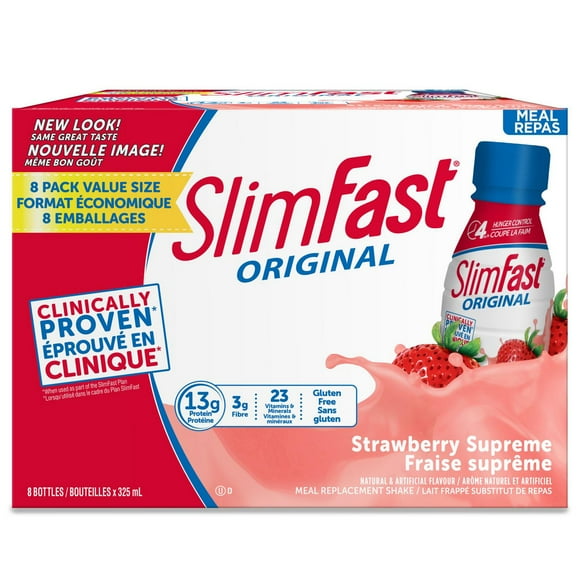 SlimFast Original Gluten-Free Strawberry Supreme Meal Replacement Shake, 8 x 325 mL