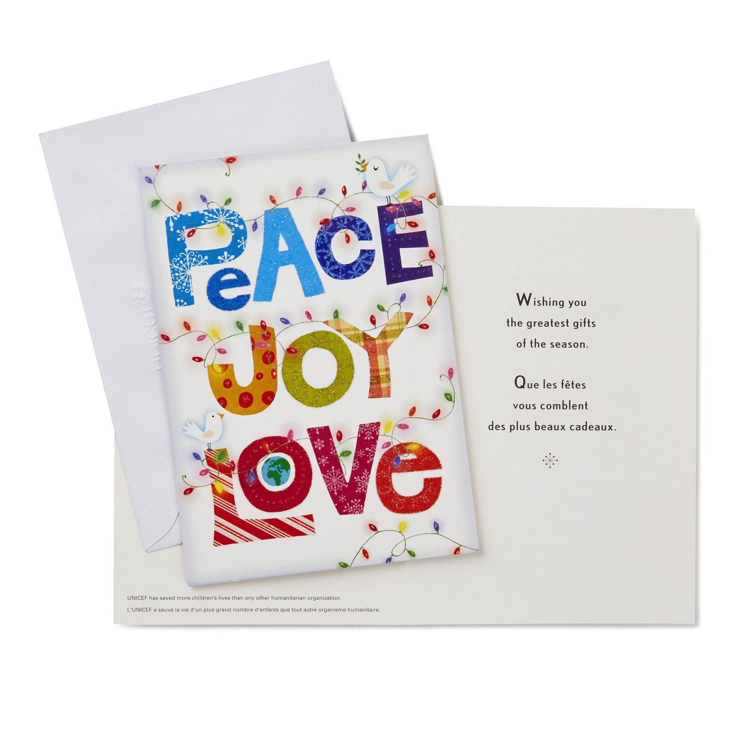 Cartes de Noël en boîte UNICEF de Hallmark avec texte en français « paix,  joie et amour » 