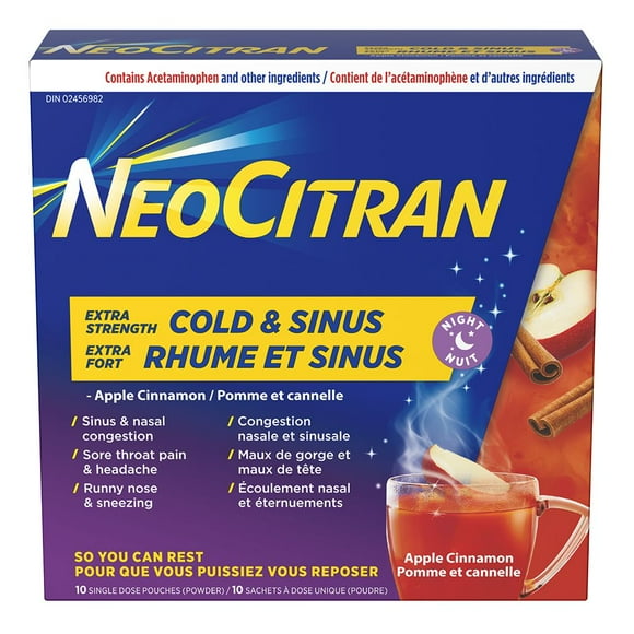 NeoCitran Extra Strength Cold & Sinus Night Apple Cinnamon, 10 Pouches Apple Cinnamon