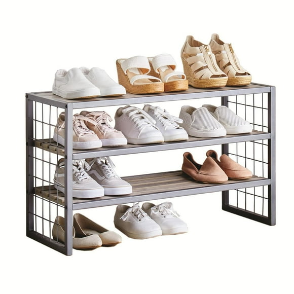 Mainstays 3-Tier Stackable Shoe Rack, Gray, Holds up to 12 Pairs, Decorative Grey Wood and Metal Shoe Rack; Item size:30 in. W x 12 in. D x 18 in. H