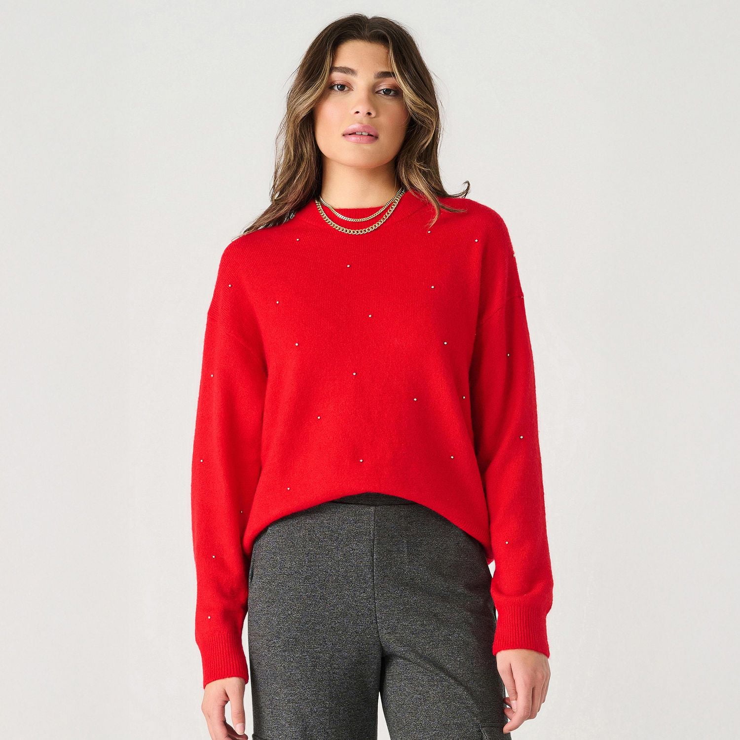 Devoted long sleeve sweater with silver pearl details
