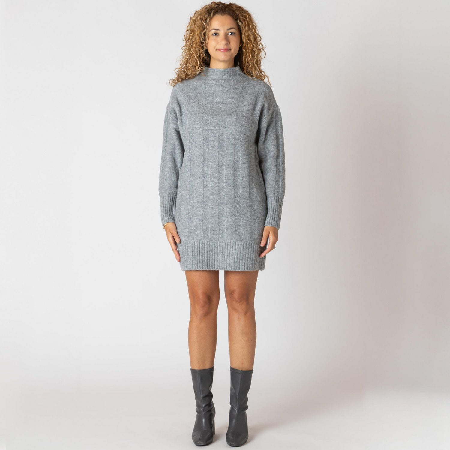 Devoted long sleeve wide rib mock neck sweater dress