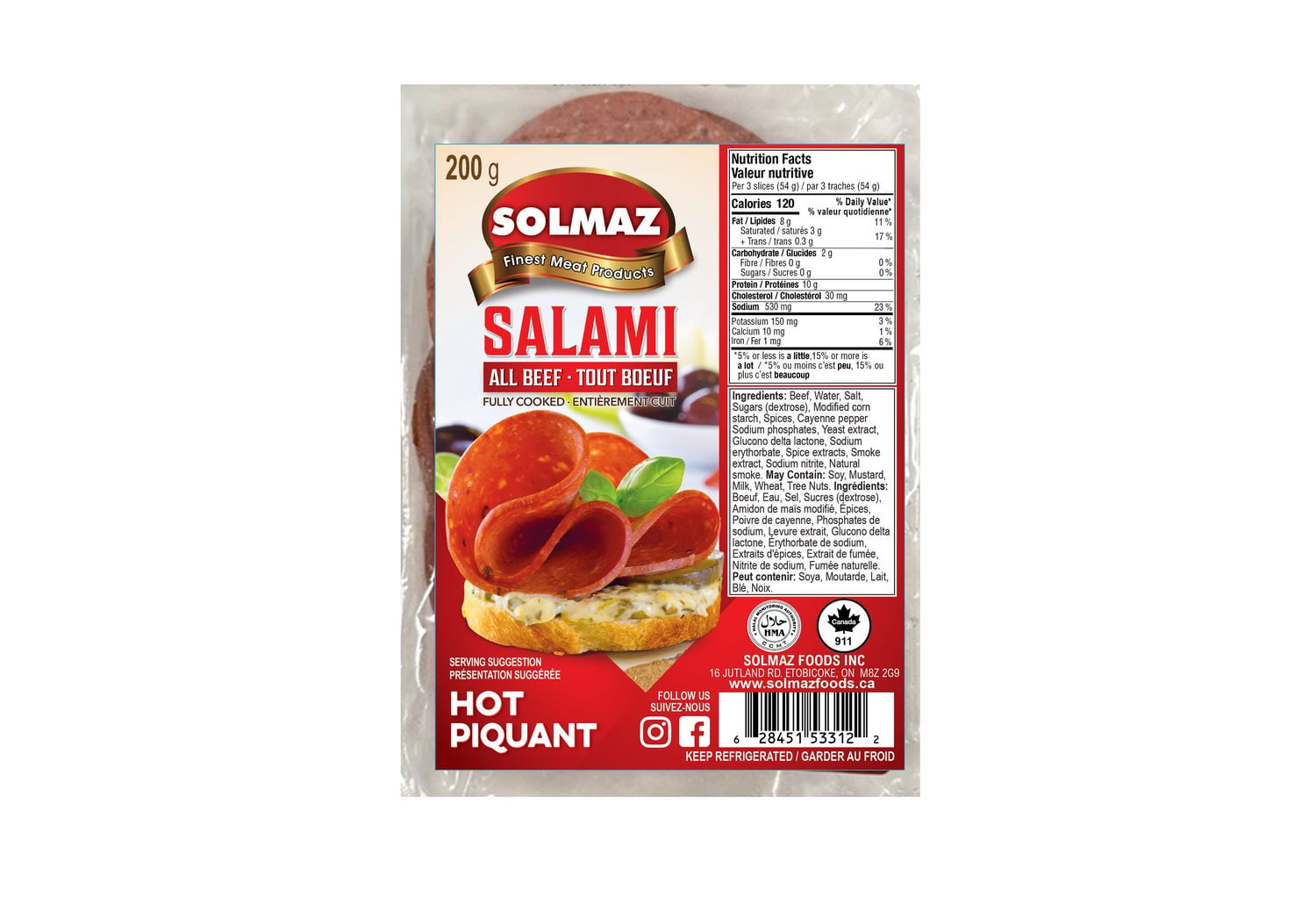 Solmaz Halal All Beef Salami Hot, 200 gr - Walmart.ca