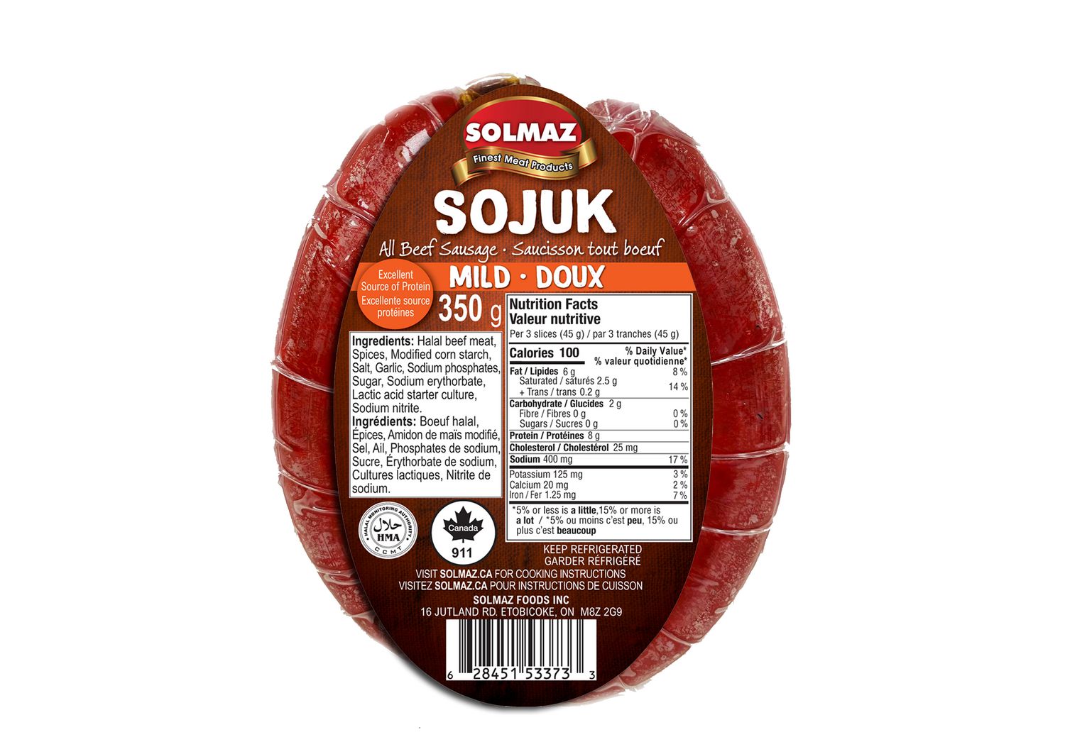 Solmaz Halal Sojuk Mild, 350gr A centered, front-facing retail pack shot of semi-dried, fermented all-beef sojuk displaying HMA Halal-certified and Proudly Canadian labels; retail weight 350gr, ideal for sandwiches, charcuterie boards or snacking, also suitable for picnic snack packs.