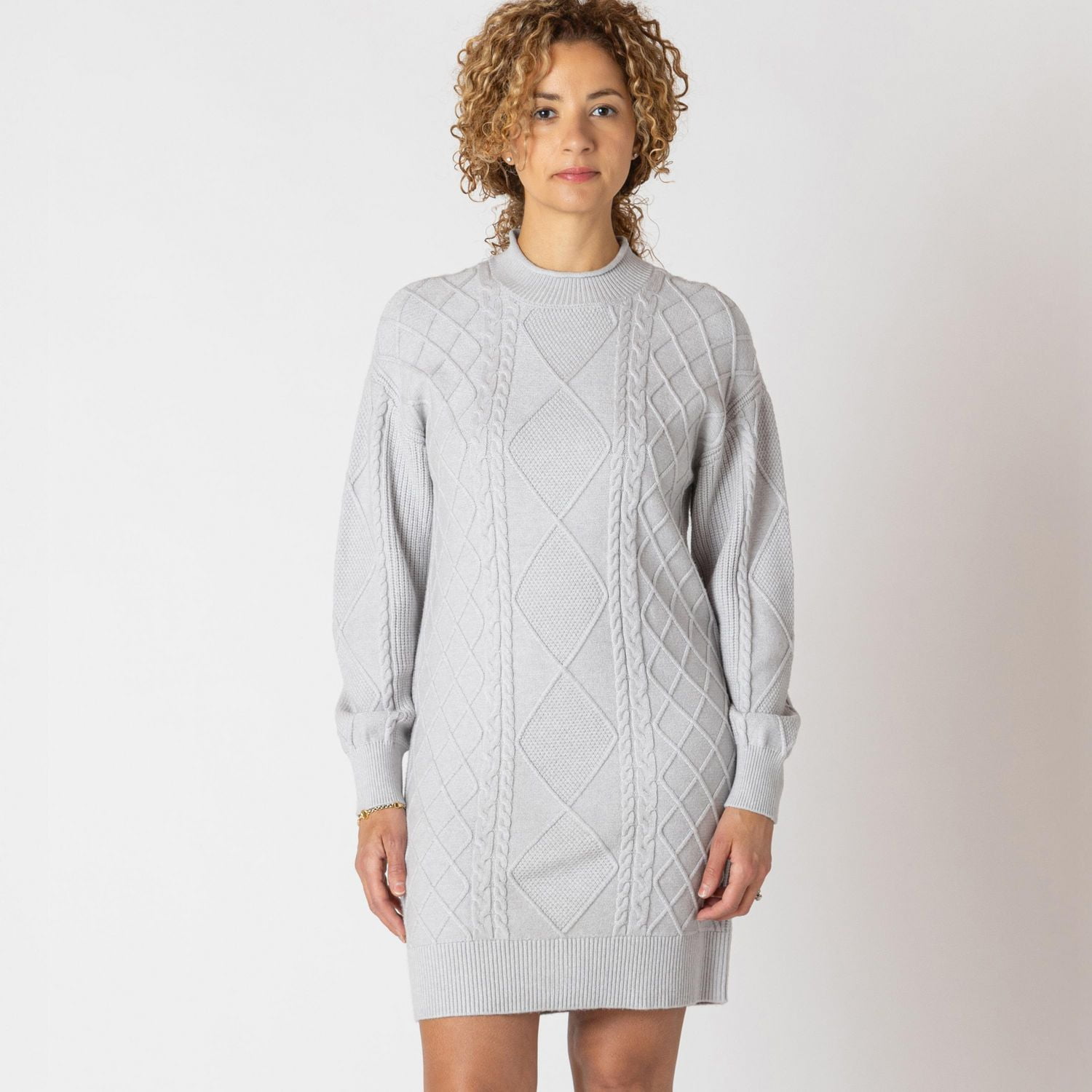 Devoted long sleeve cable knit mock neck sweater dress