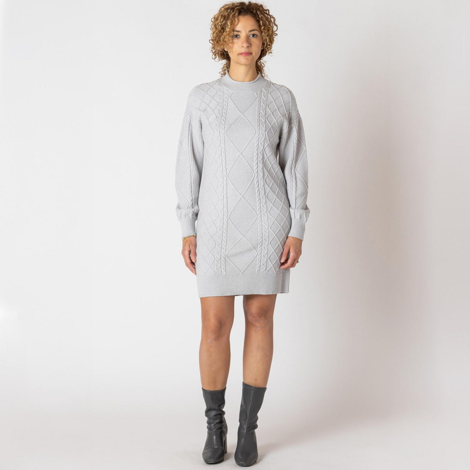 Devoted long sleeve cable knit mock neck sweater dress